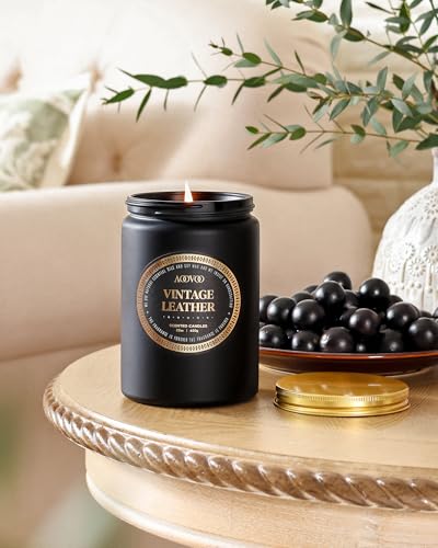 AOOVOO Strong Fragranced Vintage Leather Scented Candles for Men & Women - 22oz Large Soy Candle | 120 Hours Burn Time |