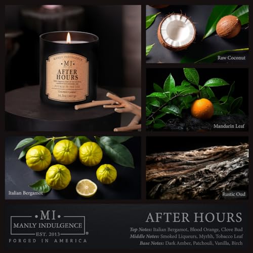 Manly Indulgence After Hours Scented Candles for Men | 16.5 oz Single Wick | Long Lasting 60H Burn | Father's Day Gift |