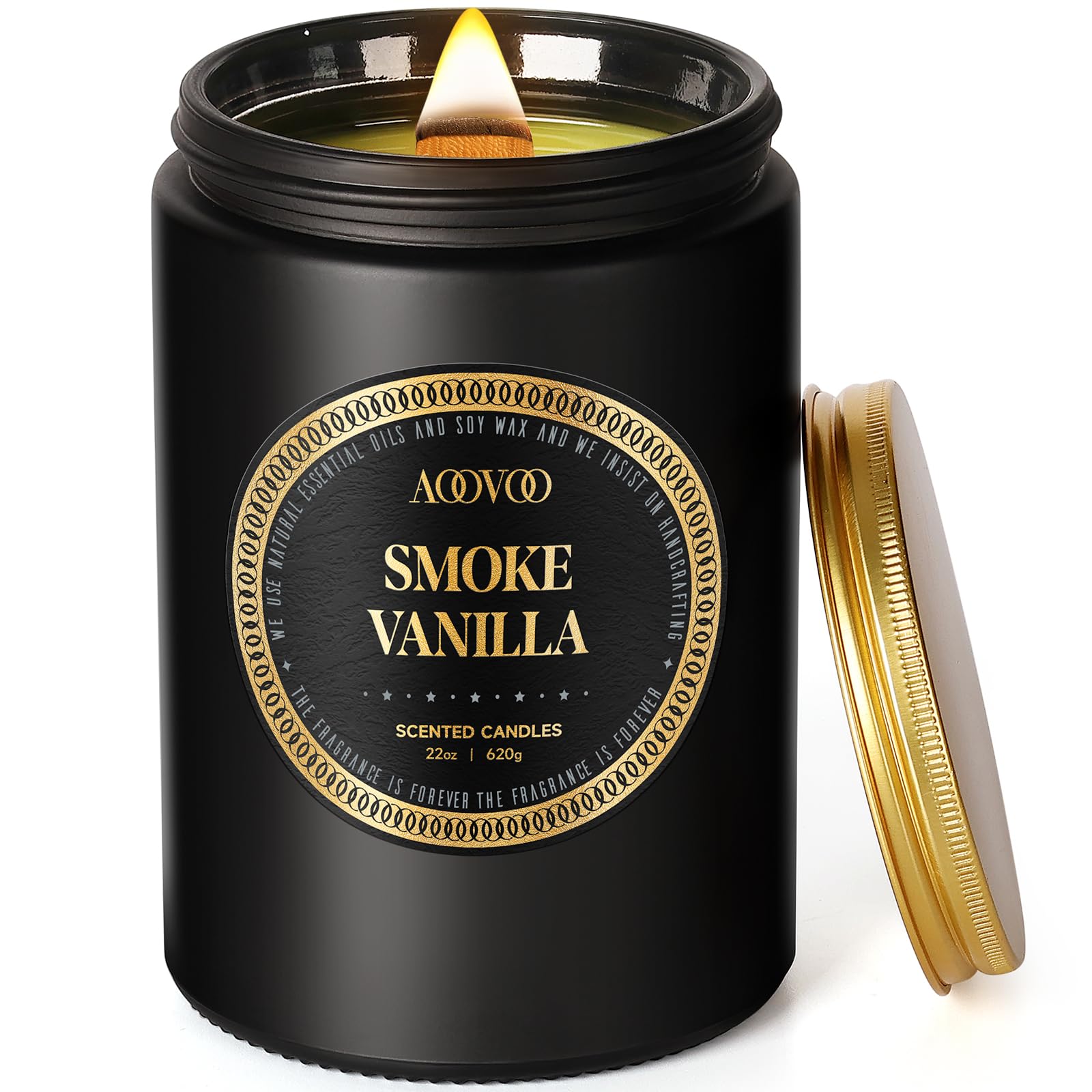 AOOVOO Large 22oz Scented Candles for Men - Smoke & Vanilla, Strong Fragranced Gift for Women & Men | 120 Hours Burn Tim