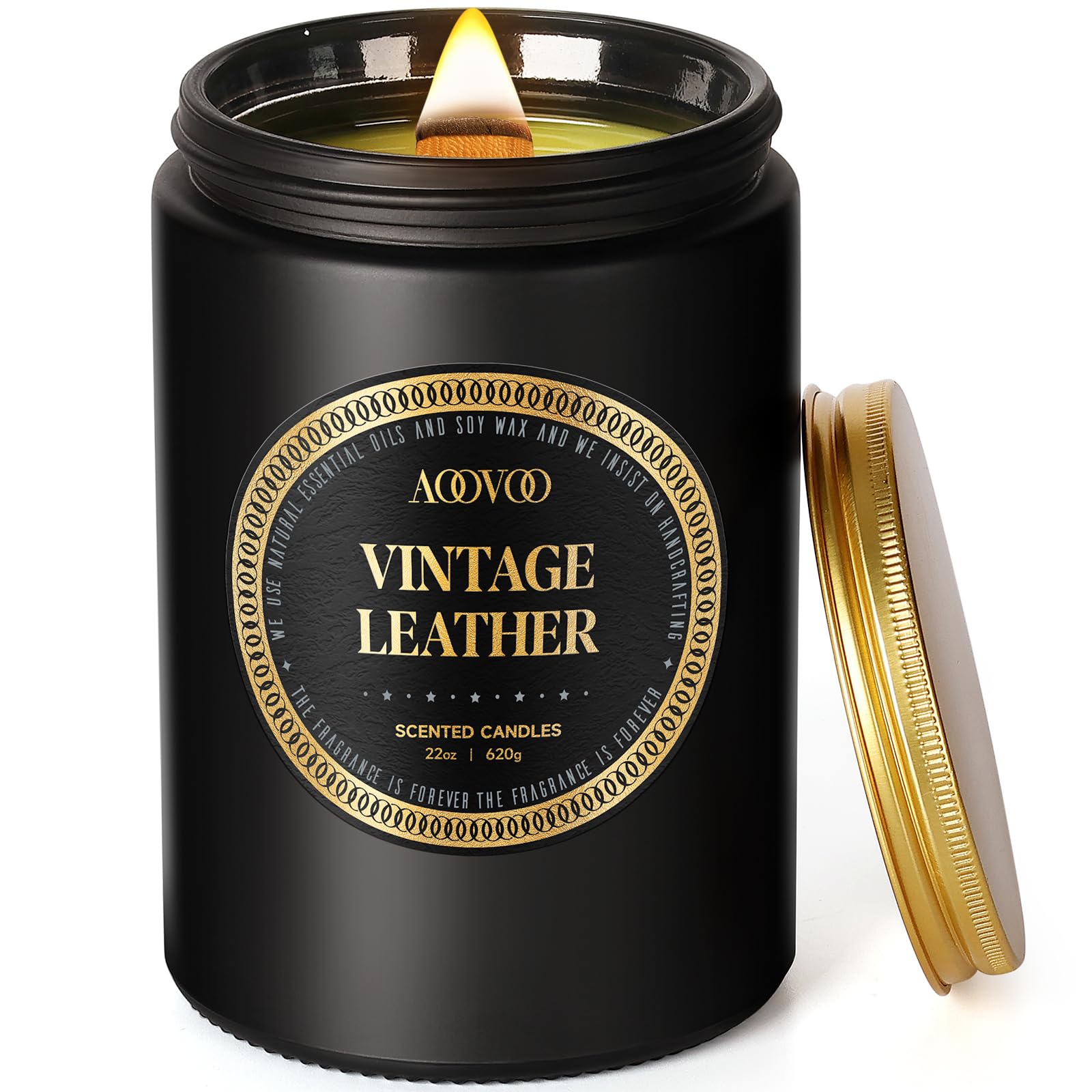 AOOVOO Strong Fragranced Vintage Leather Scented Candles for Men & Women - 22oz Large Soy Candle | 120 Hours Burn Time |