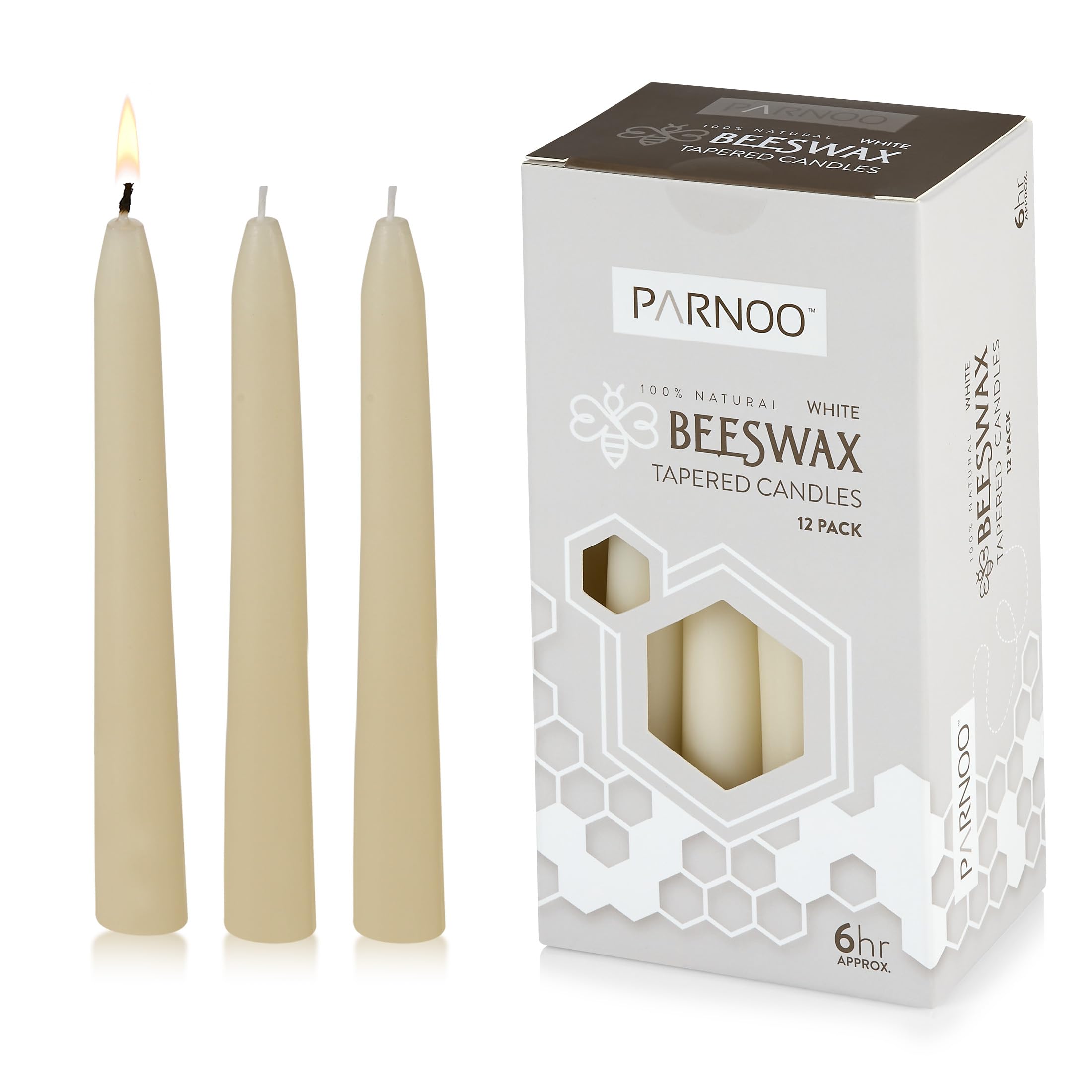Parnoo 100% Natural White Beeswax Candles - Dripless and Smokless, 6 Hours Burn Time, Pack of 12, Tall Tapered Design
|