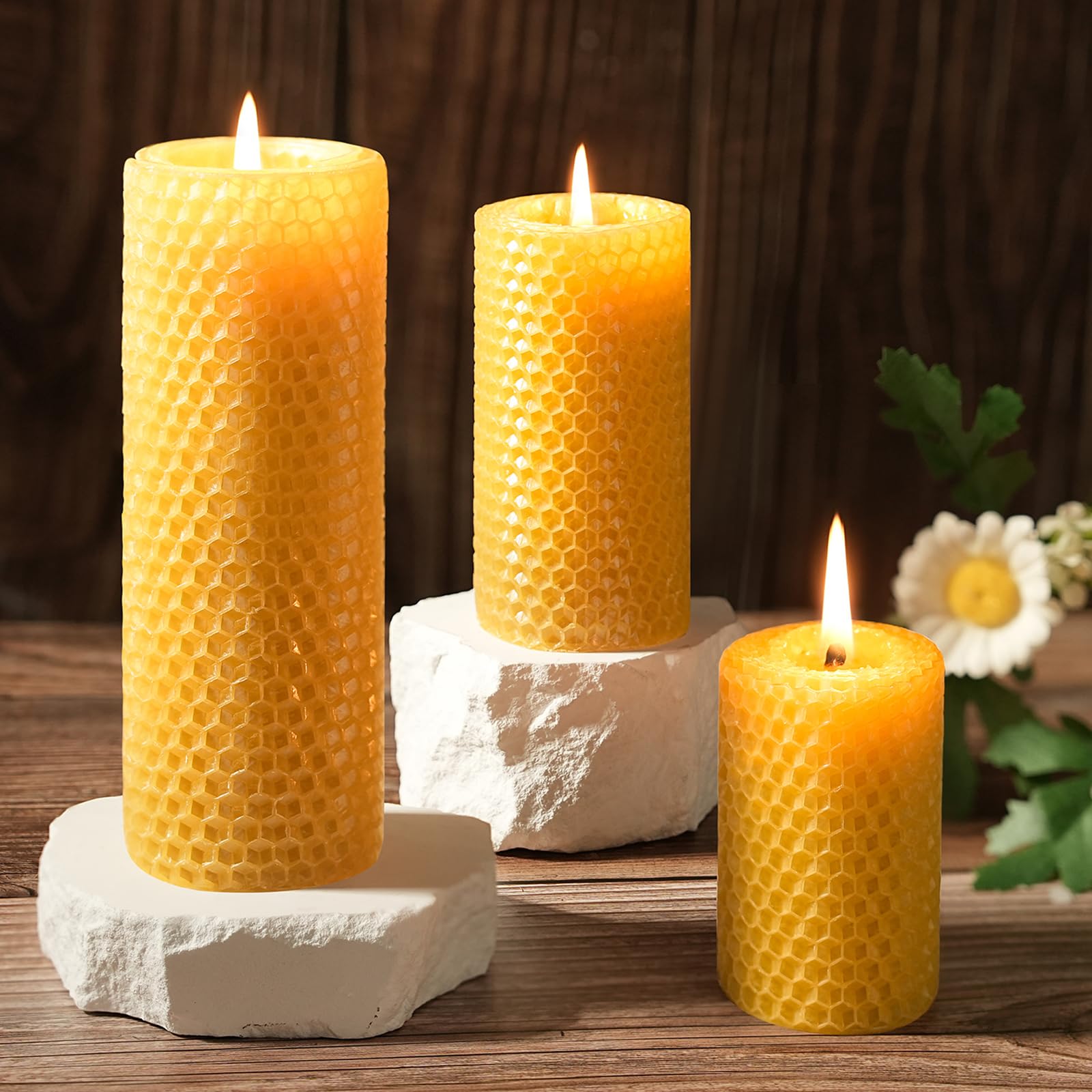  3 Pack Hand-Rolled Natural Beeswax Pillar Candles for Home Meditation and Wedding
| Smokeless & Dripless Pure Beeswax P